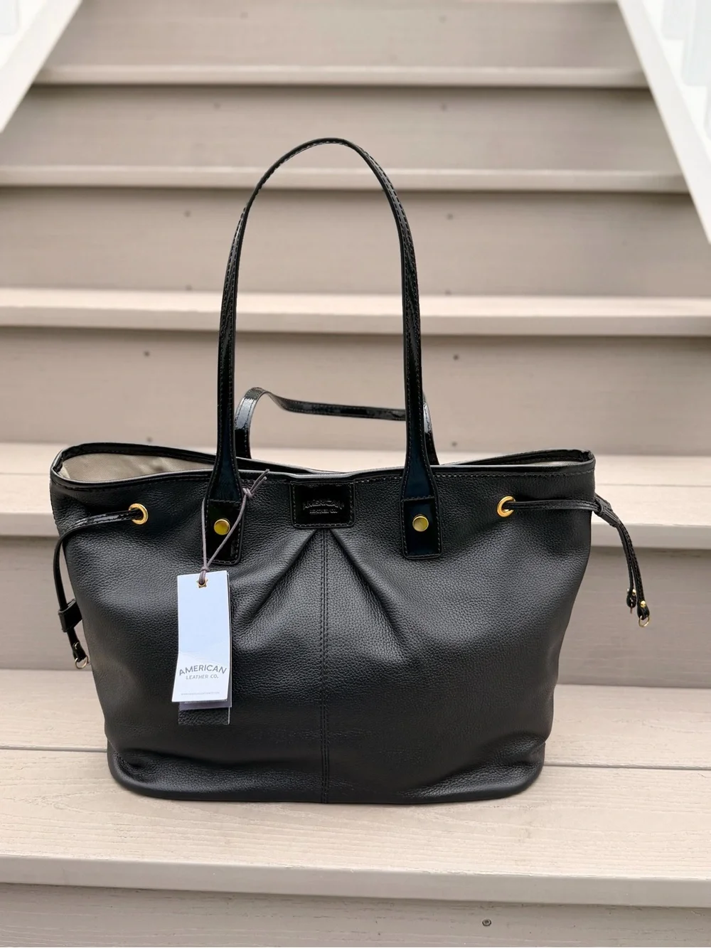 NWT American Leather Co Black Pebbled Leather Tote Bag Patent Trim Gold Hardware